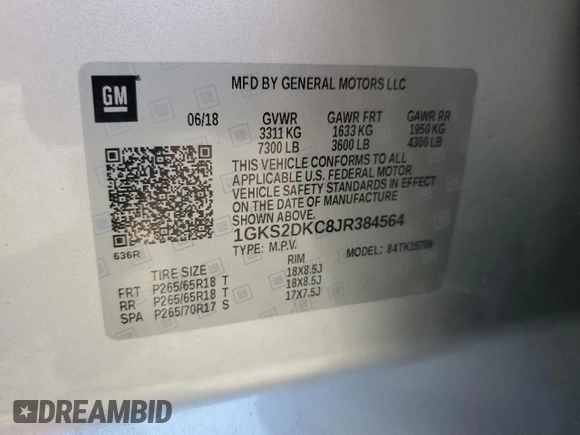 2018 GMC Yukon SLT Standard Edition with VIN 1GKS2DKC8JR384564, listed as a Copart auction lot 75963064 with 130,659 mi miles and Salvage Title. Bid and sale history available at carsss.com. Image 14.