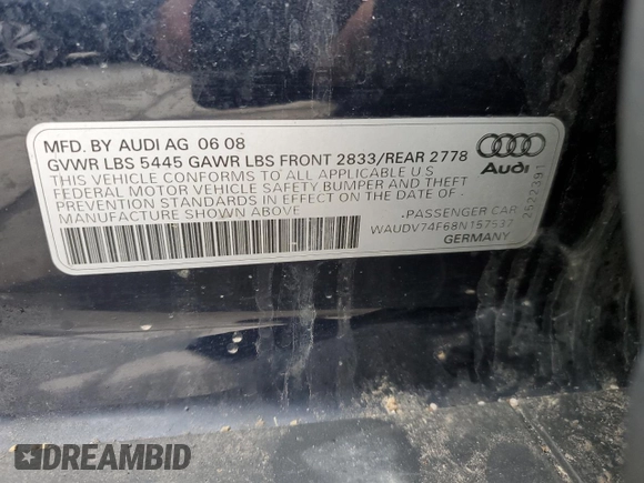 2008 Audi A6 with VIN WAUDV74F68N157537, listed as a Copart auction lot 45483575 with 126,194 mi miles and Salvage Title. Bid and sale history available at carsss.com. Image 12.