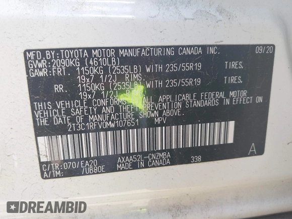 2021 Toyota RAV4 XLE Premium with VIN 2T3C1RFV0MW107651, listed as a IAAI auction lot 42558254 with 68,286 mi miles and . Bid and sale history available at DreamBid. Image 9.