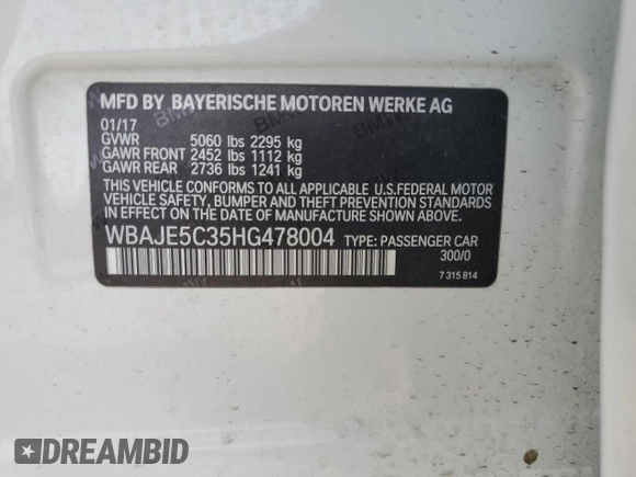 2017 BMW 5 Series 540i с VIN WBAJE5C35HG478004, выставлен на аукционе Copart как лот 57184545 с пробегом Не указан миль и Списание • Salvage title. История ставок и продаж доступна на DreamBid. Изображение 12.