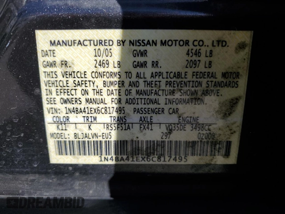 2006 Nissan Maxima 3.5 SE with VIN 1N4BA41EX6C817495, listed as a Copart auction lot 72398964 with 127,145 mi miles and Clean Title. Bid and sale history available at carsss.com. Image 12.