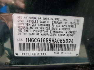1998 Honda Accord EX z VIN 1HGCG1658WA065894, wystawiony jako Copart lot #59584635 z przebiegiem 107 338 mil mil oraz Szkoda całkowita • Salvage title. Historia ofert i sprzedaży dostępna na DreamBid. Obrazek 12.