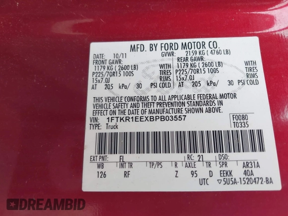 2011 Ford Ranger XL with VIN 1FTKR1EEXBPB03557, listed as a IAAI auction lot 41869106 with 72,902 mi miles. Bid and sale history available at carsss.com. Image 9.
