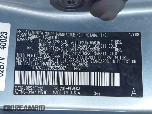 2009 Toyota Sienna CE with VIN 5TDZK23C29S275687, listed as a IAAI auction lot 42142599 with 140,729 mi miles. Bid and sale history available at carsss.com. Image 9.