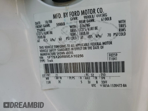 2009 Ford Super Duty F-250 SRW XL with VIN 1FTSX20R89EA10256, listed as a Copart auction lot 54244855 with 255,253 mi miles and Clean Title. Bid and sale history available at carsss.com. Image 13.