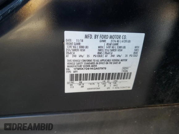 2019 Ford Explorer XLT z VIN 1FM5K7D81KGA57970, wystawiony jako Copart lot #55398775 z przebiegiem 83 616 mil mil oraz Szkoda całkowita • Salvage title. Historia ofert i sprzedaży dostępna na DreamBid. Obrazek 14.