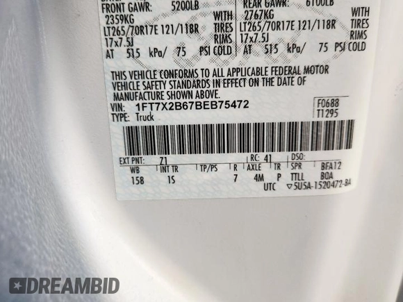 2011 Ford F-250 XL с VIN 1FT7X2B67BEB75472, выставлен на аукционе Copart как лот 61423715 с пробегом 102 096 миль миль и Чистый • Clean title. История ставок и продаж доступна на DreamBid. Изображение 12.