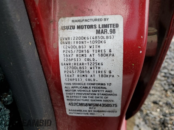 1998 Isuzu Rodeo S z VIN 4S2CM58W5W4350575, wystawiony jako Copart lot #84537714 z przebiegiem 215 573 mil mil oraz Szkoda całkowita • Salvage title. Historia ofert i sprzedaży dostępna na DreamBid. Obrazek 15.