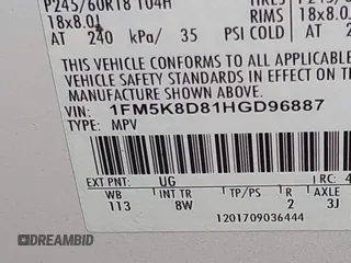 2017 Ford Explorer XLT with VIN 1FM5K8D81HGD96887, listed as a IAAI auction lot 42163740 with 91,413 mi miles and . Bid and sale history available at DreamBid. Image 9.