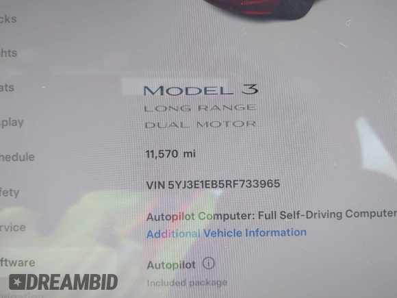 2024 Tesla Model 3 Long Range with VIN 5YJ3E1EB5RF733965, listed as a IAAI auction lot 41613919 with 11,570 mi miles and . Bid and sale history available at DreamBid. Image 7.