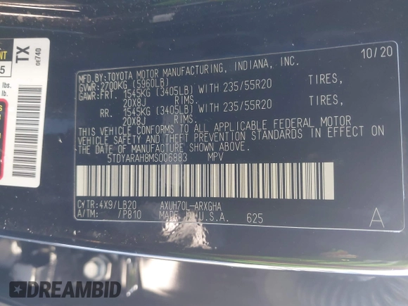 2021 Toyota Highlander Hybrid Limited with VIN 5TDYARAH8MS006883, listed as a IAAI auction lot 41507332 with 169,210 mi miles and . Bid and sale history available at DreamBid. Image 9.