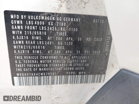 2012 Volkswagen Tiguan SE with VIN WVGAV7AX4CW579341, listed as a IAAI auction lot 42618922 with 118,855 mi miles and . Bid and sale history available at DreamBid. Image 9.