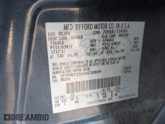 2004 Ford F-150 XLT with VIN 1FTPW12564KC50039, listed as a IAAI auction lot 42011854 with 276,885 mi miles and . Bid and sale history available at DreamBid. Image 9.