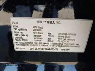 2022 Tesla Model Y Long Range with VIN 7SAYGDEE6NF480471, listed as a IAAI auction lot 41985797 with 82,777 mi miles and . Bid and sale history available at DreamBid. Image 9.