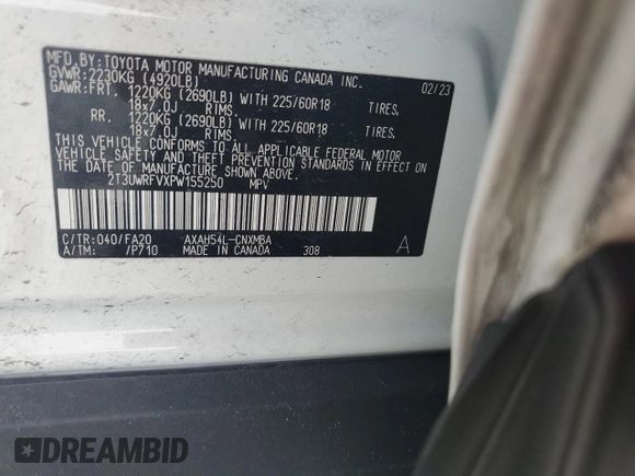2023 Toyota RAV4 Hybrid XLE with VIN 2T3UWRFVXPW155250, listed as a Copart auction lot 52147215 with 27,176 mi miles and Non repairable. Bid and sale history available at DreamBid. Image 14.