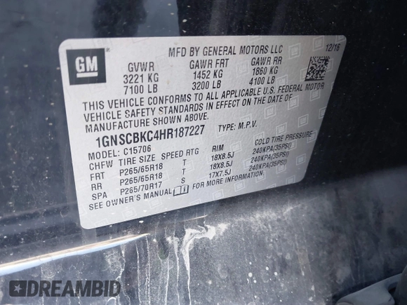 2017 Chevrolet Tahoe LT with VIN 1GNSCBKC4HR187227, listed as a IAAI auction lot 37971302 with 95,009 mi miles and . Bid and sale history available at DreamBid. Image 9.