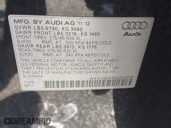 2013 Audi Q7 Premium Plus with VIN WA1LGBFE9DD008615, listed as a IAAI auction lot 42391563 with 108,569 mi miles and . Bid and sale history available at DreamBid. Image 9.