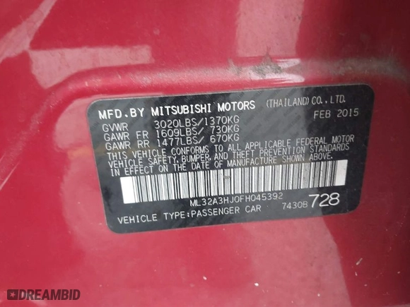 2015 Mitsubishi Mirage DE with VIN ML32A3HJ0FH045392, listed as a IAAI auction lot 41765934 with 61,847 mi miles. Bid and sale history available at carsss.com. Image 9.