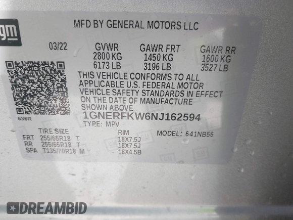 2022 Chevrolet Traverse LS with VIN 1GNERFKW6NJ162594, listed as a IAAI auction lot 41749144 with 13,519 mi miles and . Bid and sale history available at DreamBid. Image 9.
