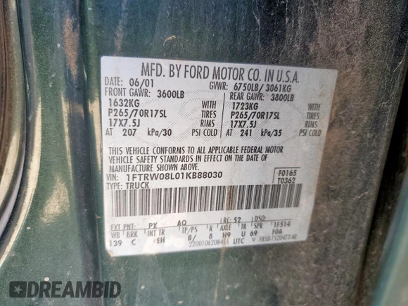 2001 Ford F-150 XLT with VIN 1FTRW08L01KB88030, listed as a Copart auction lot 60824795 with Not provided miles and Salvage title. Bid and sale history available at DreamBid. Image 12.