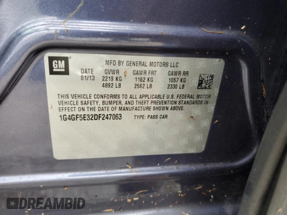 2013 Buick LaCrosse Premium 1 with VIN 1G4GF5E32DF247063, listed as a Copart auction lot 74173314 with Not Provided miles and Non Repairable. Bid and sale history available at DreamBid. Image 13.
