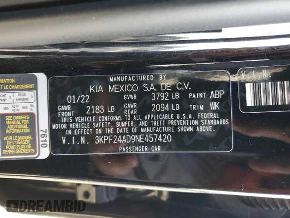2022 Kia Forte LXS with VIN 3KPF24AD9NE457420, listed as a Copart auction lot 86216704 with 48,441 mi miles and Salvage Title. Bid and sale history available at carsss.com. Image 12.