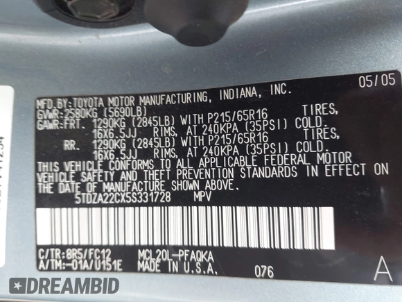 2005 Toyota Sienna XLE with VIN 5TDZA22CX5S331728, listed as a IAAI auction lot 41928071 with 258,417 mi miles and . Bid and sale history available at DreamBid. Image 9.