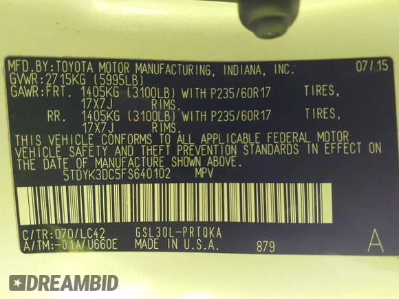 2015 Toyota Sienna XLE with VIN 5TDYK3DC5FS640102, listed as a IAAI auction lot 41885194 with 119,972 mi miles. Bid and sale history available at carsss.com. Image 9.