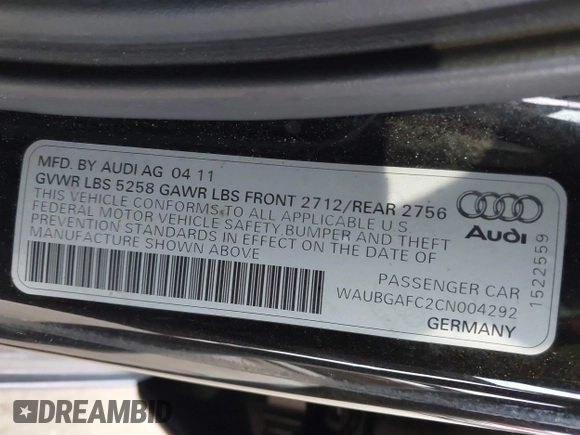 2012 Audi A6 Premium Plus with VIN WAUBGAFC2CN004292, listed as a IAAI auction lot 41251202 with 134,554 mi miles and . Bid and sale history available at DreamBid. Image 9.