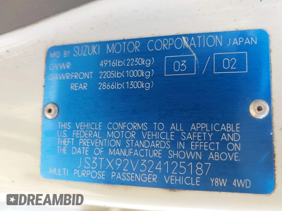 2002 Suzuki XL7 Standard with VIN JS3TX92V324125187, listed as a IAAI auction lot 42195273 with 243,050 mi miles and . Bid and sale history available at DreamBid. Image 9.