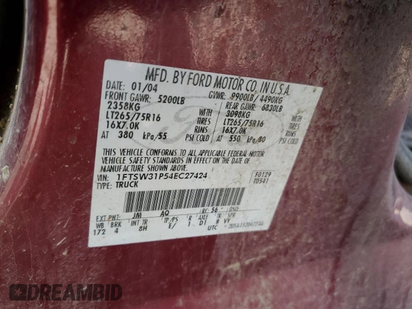 2004 Ford F-350 XL with VIN 1FTSW31P54EC27424, listed as a Copart auction lot 53072375 with 209,579 mi miles and Salvage Title. Bid and sale history available at DreamBid. Image 12.