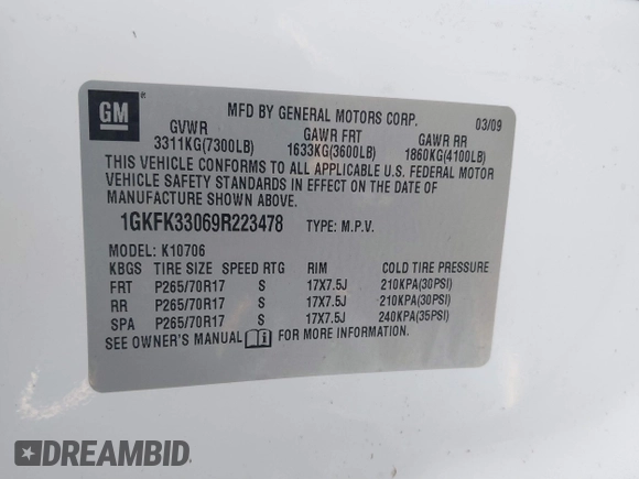 2009 GMC Yukon SLT 4SB with VIN 1GKFK33069R223478, listed as a IAAI auction lot 41466388 with 241,959 mi miles and . Bid and sale history available at DreamBid. Image 9.