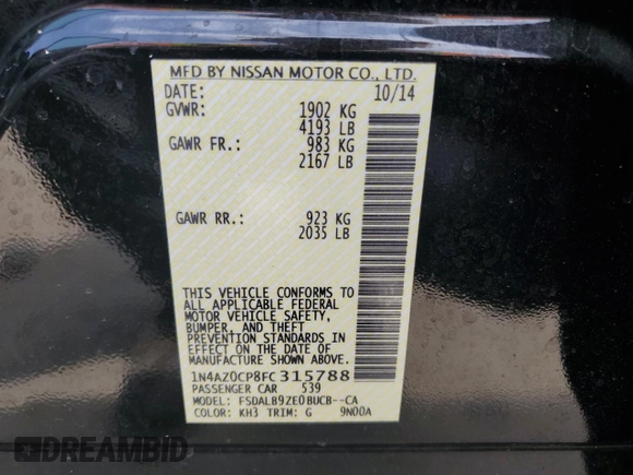 2015 Nissan LEAF SV with VIN 1N4AZ0CP8FC315788, listed as a Copart auction lot 48146553 with 71,454 mi miles. Bid and sale history available at carsss.com. Image 14.