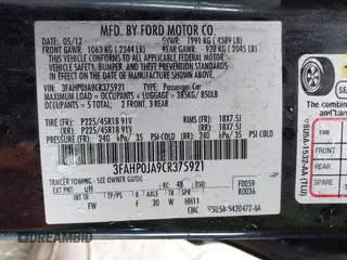 2012 Ford Fusion SEL with VIN 3FAHP0JA9CR375921, listed as a IAAI auction lot 42043626 with 147,838 mi miles. Bid and sale history available at carsss.com. Image 9.