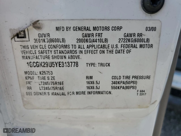 2000 Chevrolet Silverado 2500 LS with VIN 1GCGK29U5YE313778, listed as a Copart auction lot 73274224 with 0 mi miles and Salvage Title. Bid and sale history available at carsss.com. Image 10.