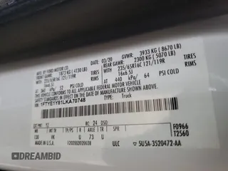 2020 Ford Transit Cargo with VIN 1FTYE1Y81LKA70748, listed as a Copart auction lot 80916514 with 104,077 mi miles and Salvage Title. Bid and sale history available at DreamBid. Image 12.