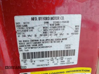 2012 Ford F-150 XL with VIN 1FTFW1EF3CKE20131, listed as a IAAI auction lot 41830407 with 218,413 mi miles and . Bid and sale history available at DreamBid. Image 9.