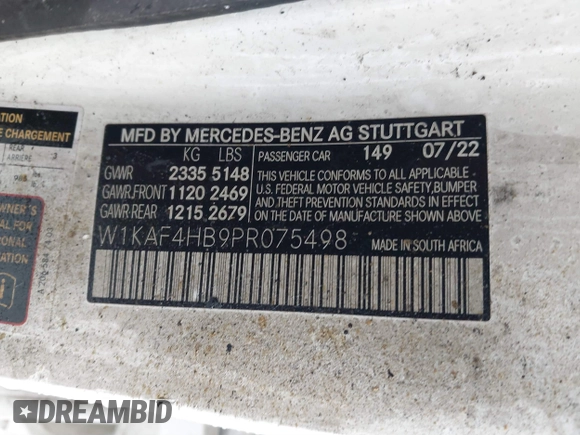 2023 Mercedes-Benz C 300 with VIN W1KAF4HB9PR075498, listed as a IAAI auction lot 41536091 with Not Provided miles and . Bid and sale history available at DreamBid. Image 9.