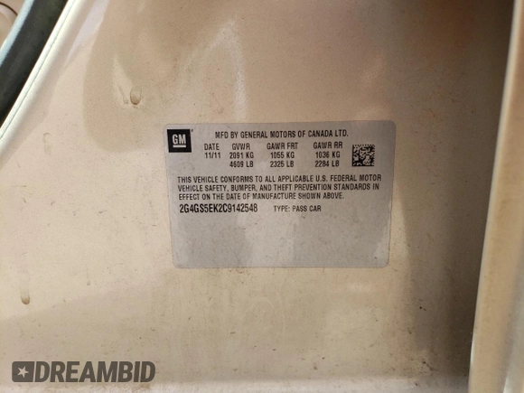 2012 Buick Regal Premium 1 with VIN 2G4GS5EK2C9142548, listed as a Copart auction lot 46497415 with 139,197 mi miles and Salvage title. Bid and sale history available at DreamBid. Image 14.
