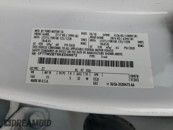2019 Ford F-250 XL with VIN 1FT7W2BT9KED08872, listed as a Copart auction lot 64000735 with 89,099 mi miles and Salvage title. Bid and sale history available at DreamBid. Image 13.