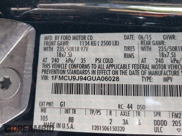 2016 Ford Escape Titanium with VIN 1FMCU9J94GUA06028, listed as a IAAI auction lot 42102769 with 88,278 mi miles. Bid and sale history available at carsss.com. Image 9.