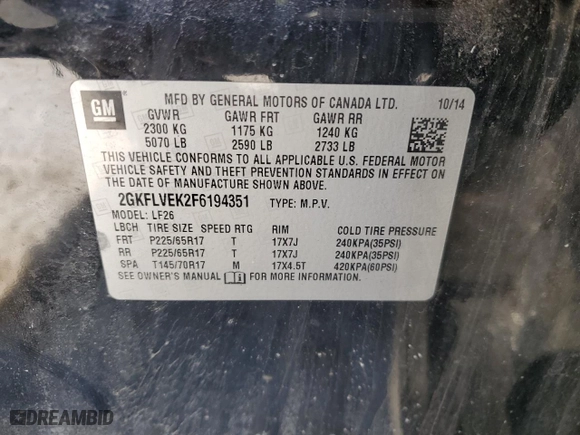 2015 GMC Terrain SLE with VIN 2GKFLVEK2F6194351, listed as a Copart auction lot 45413575 with 91,328 mi miles and Salvage Title. Bid and sale history available at carsss.com. Image 13.