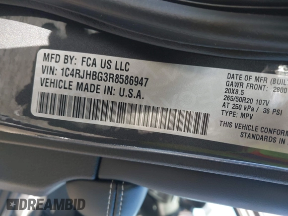 2024 Jeep Grand Cherokee Limited with VIN 1C4RJHBG3R8586947, listed as a IAAI auction lot 41172584 with 3,565 mi miles and . Bid and sale history available at DreamBid. Image 9.