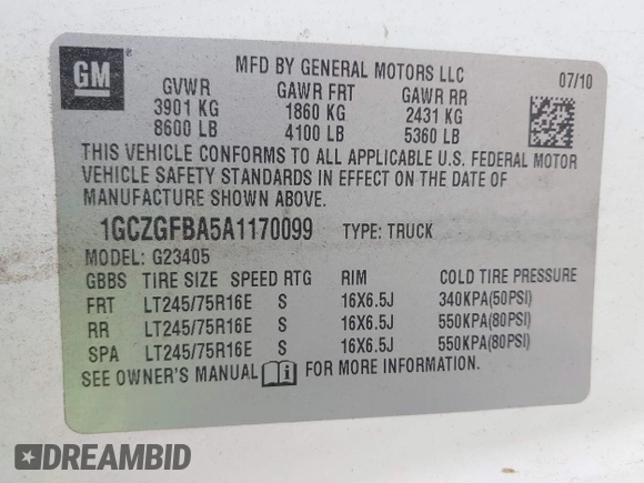 2010 Chevrolet Express Cargo Van with VIN 1GCZGFBA5A1170099, listed as a IAAI auction lot 42155958 with 400,854 mi miles. Bid and sale history available at carsss.com. Image 9.