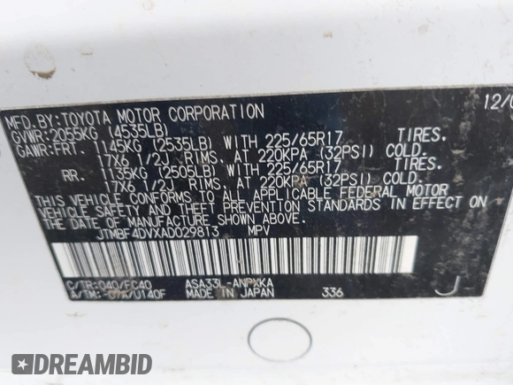 2010 Toyota RAV4 with VIN JTMBF4DVXAD029813, listed as a IAAI auction lot 41901574 with 102,596 mi miles. Bid and sale history available at carsss.com. Image 9.