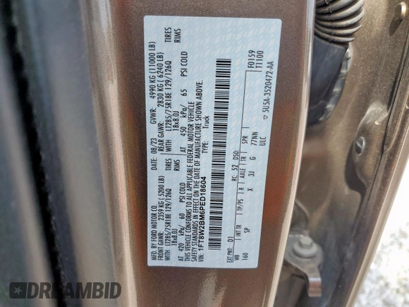 2023 Ford F-250 XL с VIN 1FT8W2BM6PED18604, выставлен на аукционе Copart как лот 57225105 с пробегом 55 291 миль миль и Списание • Salvage title. История ставок и продаж доступна на DreamBid. Изображение 12.