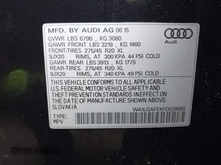 2015 Audi Q7 Premium Plus with VIN WA1LGAFEXFD028885, listed as a IAAI auction lot 42619526 with 145,126 mi miles and . Bid and sale history available at DreamBid. Image 9.
