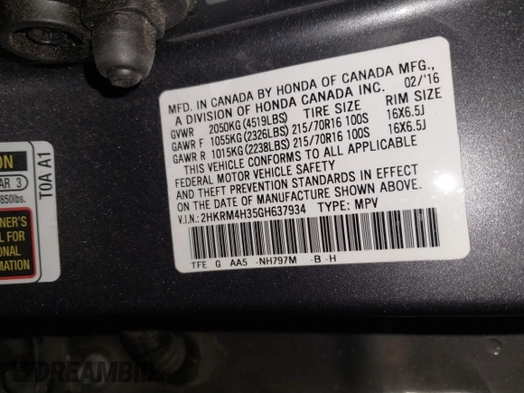 2016 Honda CR-V LX with VIN 2HKRM4H35GH637934, listed as a IAAI auction lot 41722083 with 127,024 mi miles. Bid and sale history available at carsss.com. Image 9.