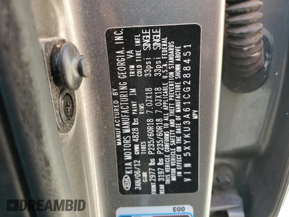 2012 Kia Sorento EX with VIN 5XYKU3A61CG288451, listed as a Copart auction lot 48953075 with 134,410 mi miles and Salvage Title. Bid and sale history available at carsss.com. Image 12.