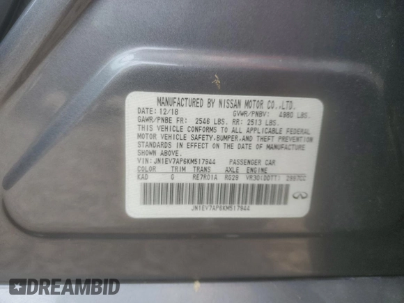 2019 Infiniti Q50 Luxe with VIN JN1EV7AP6KM517944, listed as a Copart auction lot 56942655 with 94,883 mi miles and Salvage title. Bid and sale history available at DreamBid. Image 12.